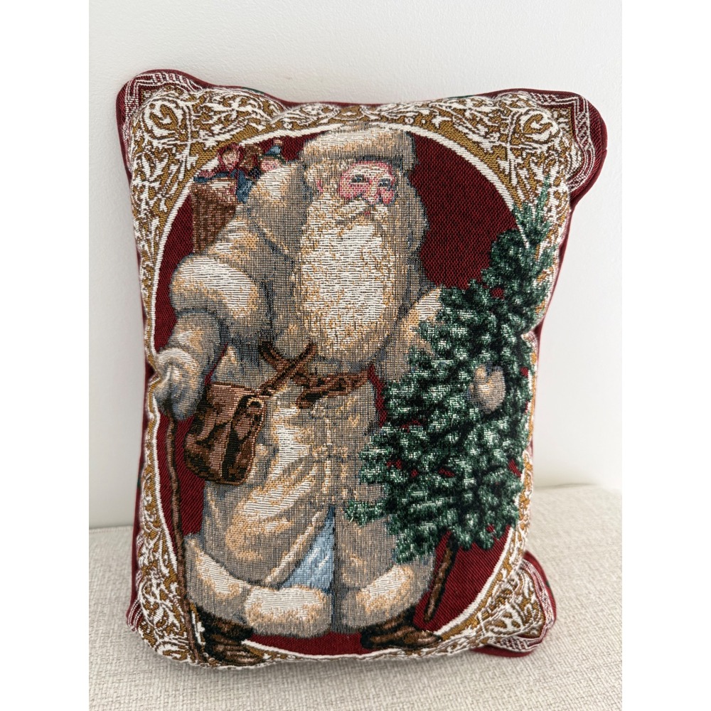 Vintage‎ Woven Tapestry Christmas Pillow Santa Clause St Nick Victorian Style